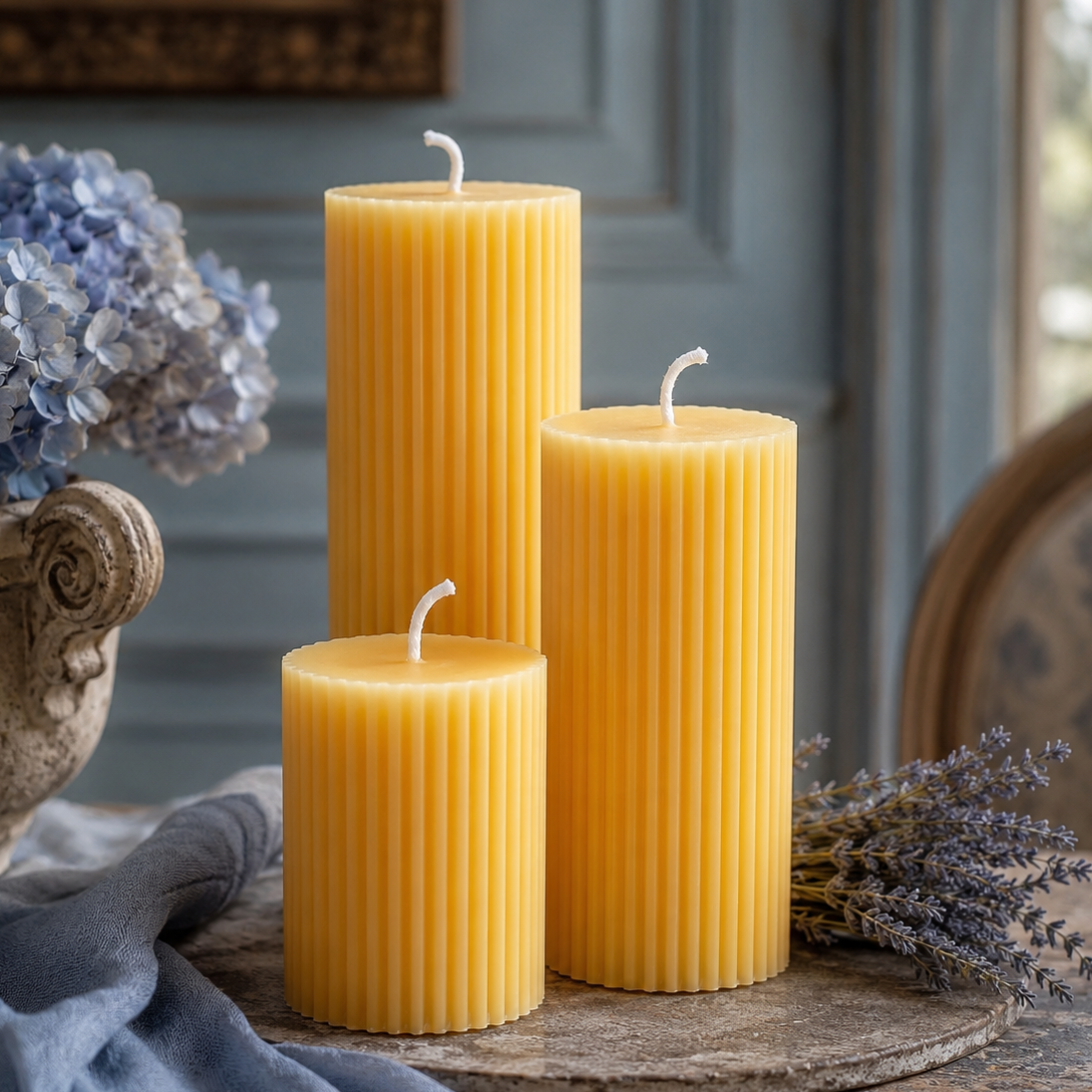 Striped Yellow Beeswax Pillar Candle Set