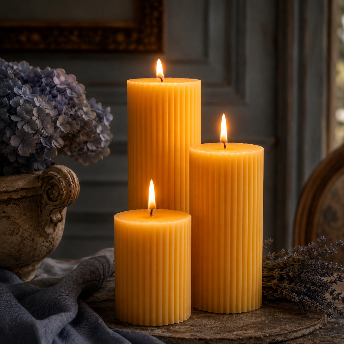 Striped Yellow Beeswax Pillar Candle Set