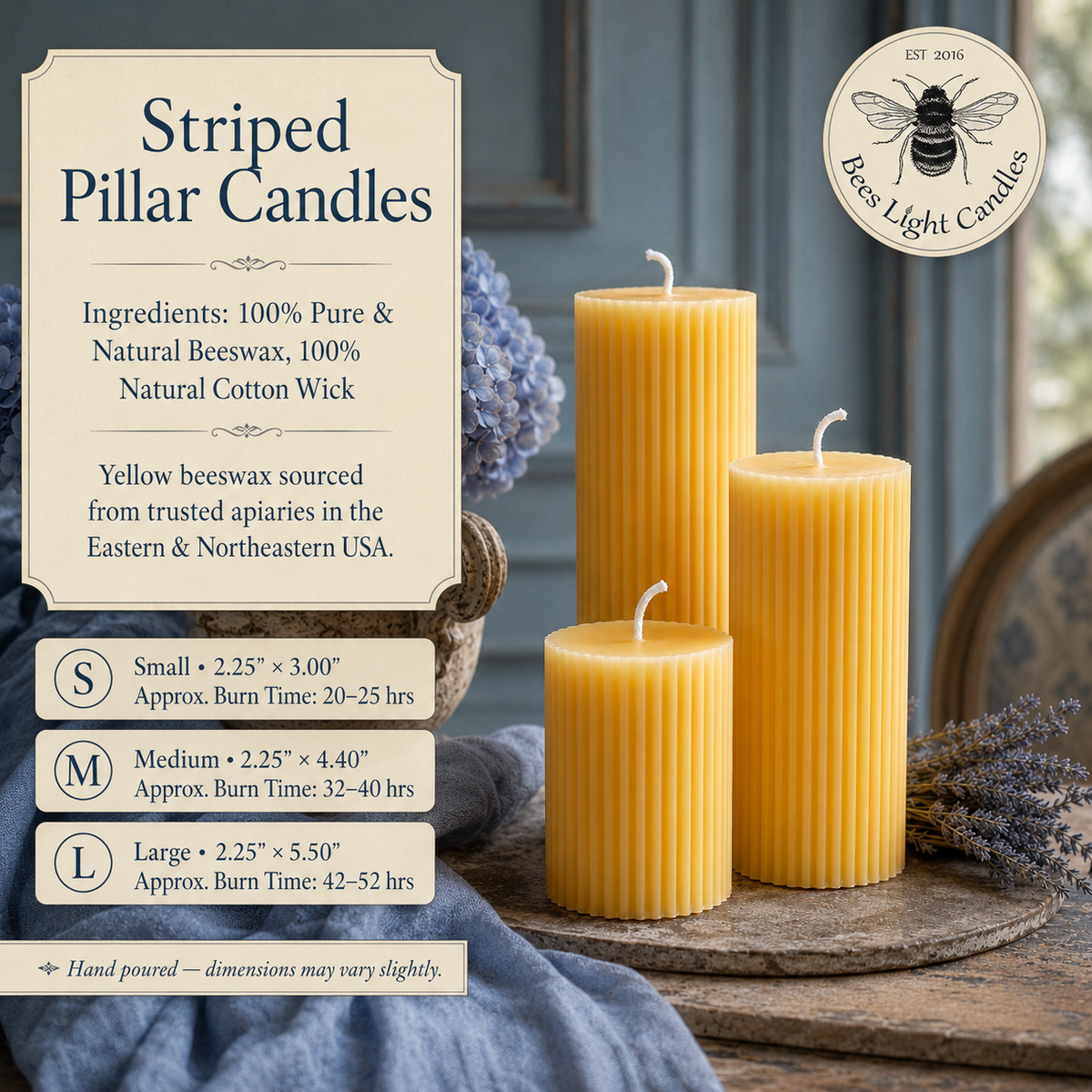 Striped Yellow Beeswax Pillar Candle Set
