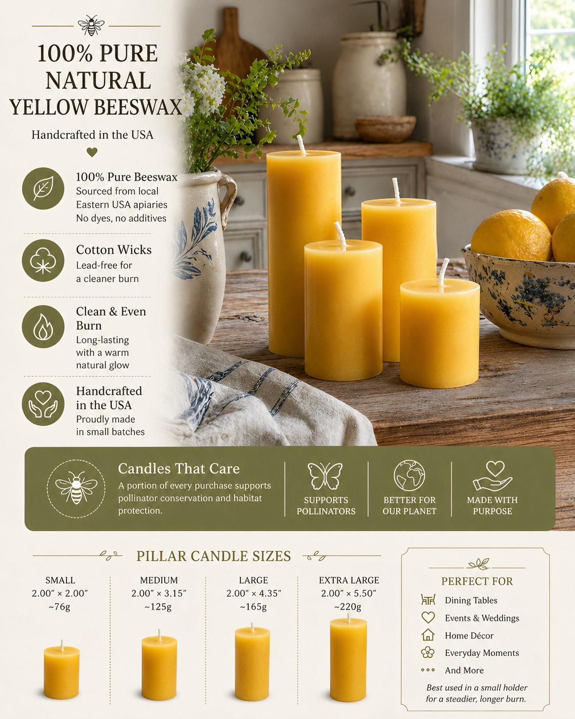 2 Inch Beeswax Pillar Candle Set