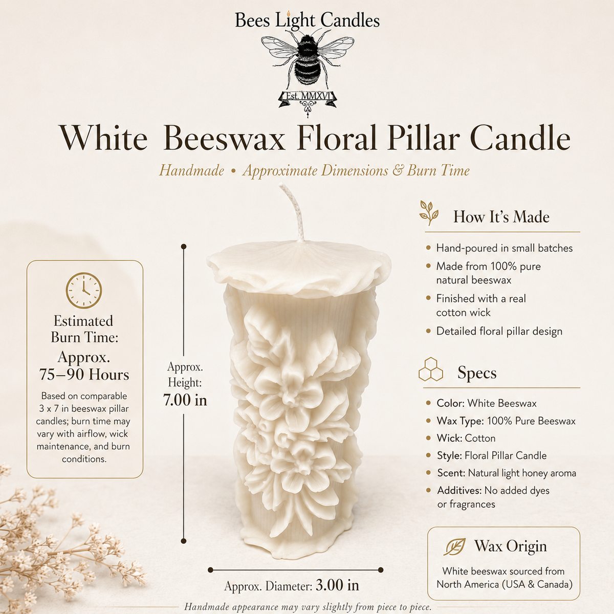 White Meadow Wildflower Beeswax Pillar Candle