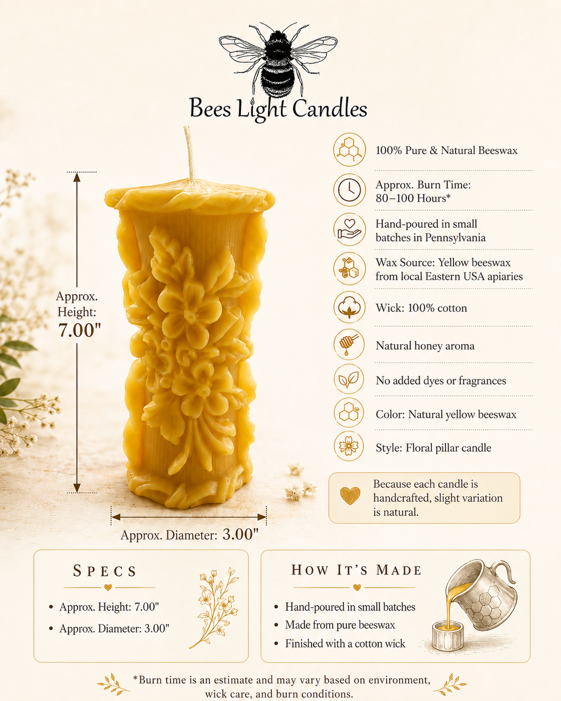 Golden Meadow Wildflower Beeswax Pillar Candle