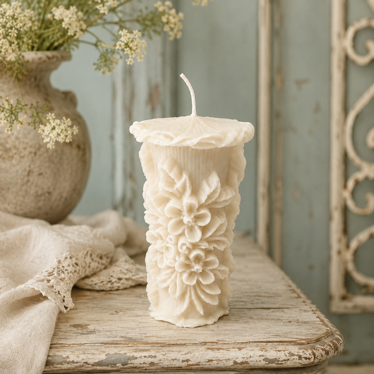 White Meadow Wildflower Beeswax Pillar Candle