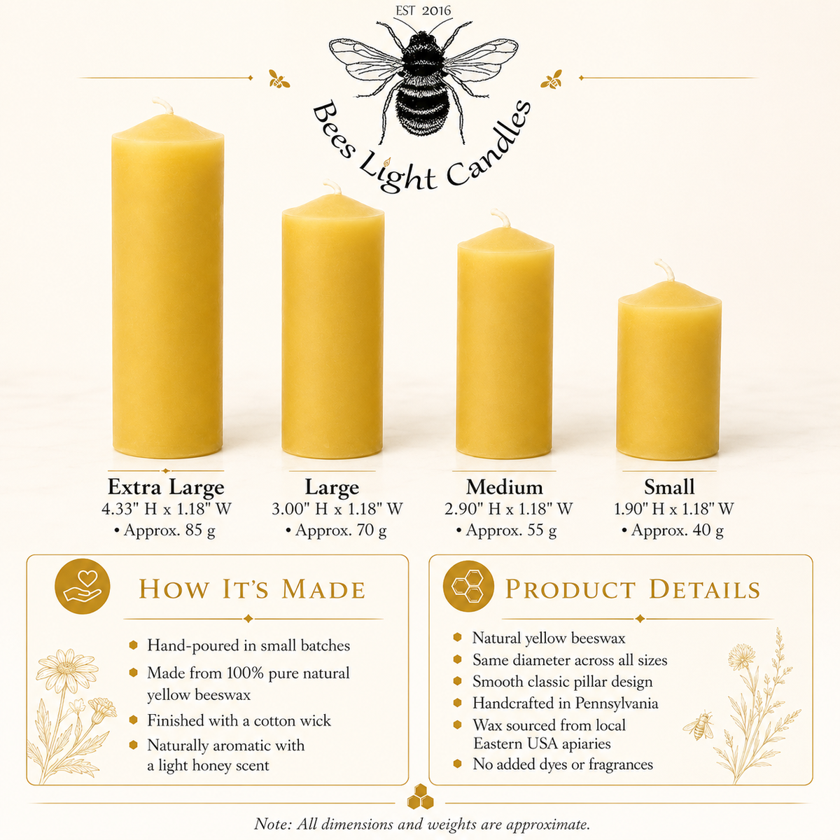 1.25" Wide Cylindrical Beeswax Pillar Candles