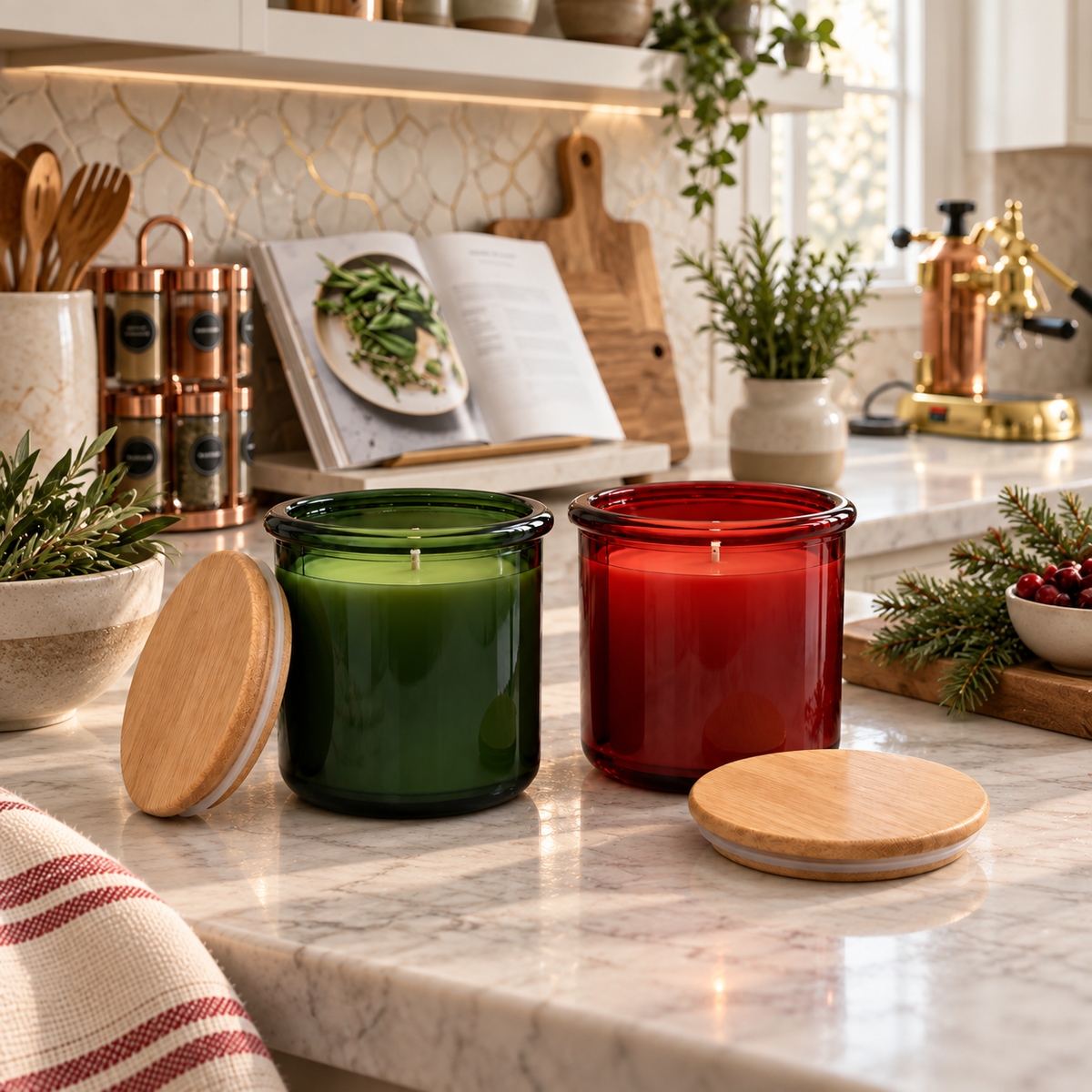 Christmas Beeswax 10 oz Candle Set, Crimson & Evergreen Spanish Recycled Glass with Bamboo Lids, Hand Poured USA