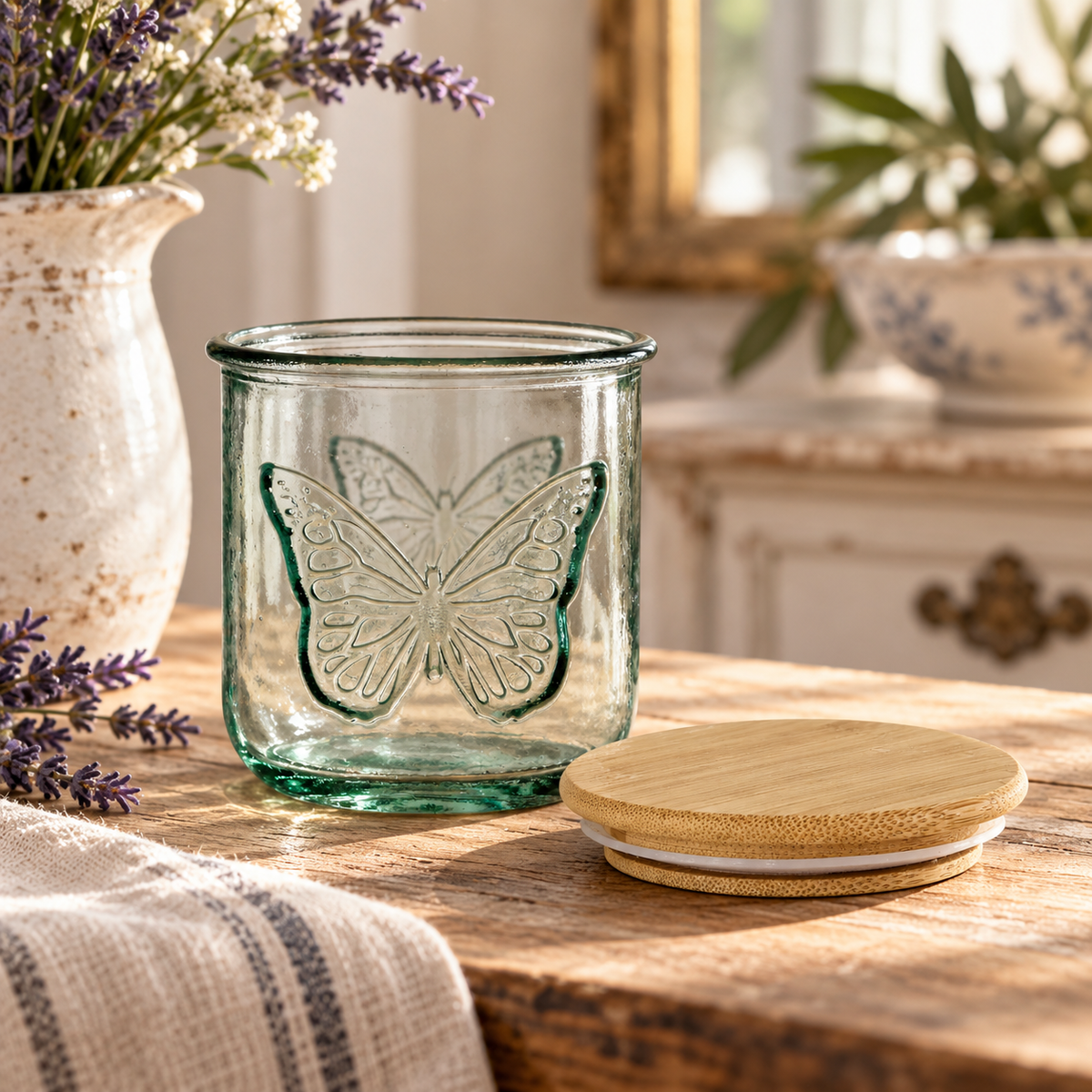 Butterfly Beeswax Candle – 10 oz Recycled Spanish Glass Jar with Bamboo Lid Hand Poured in USA