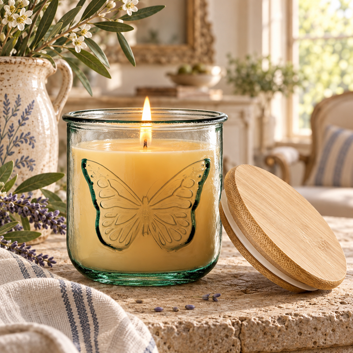 Butterfly Beeswax Candle – 10 oz Recycled Spanish Glass Jar with Bamboo Lid Hand Poured in USA