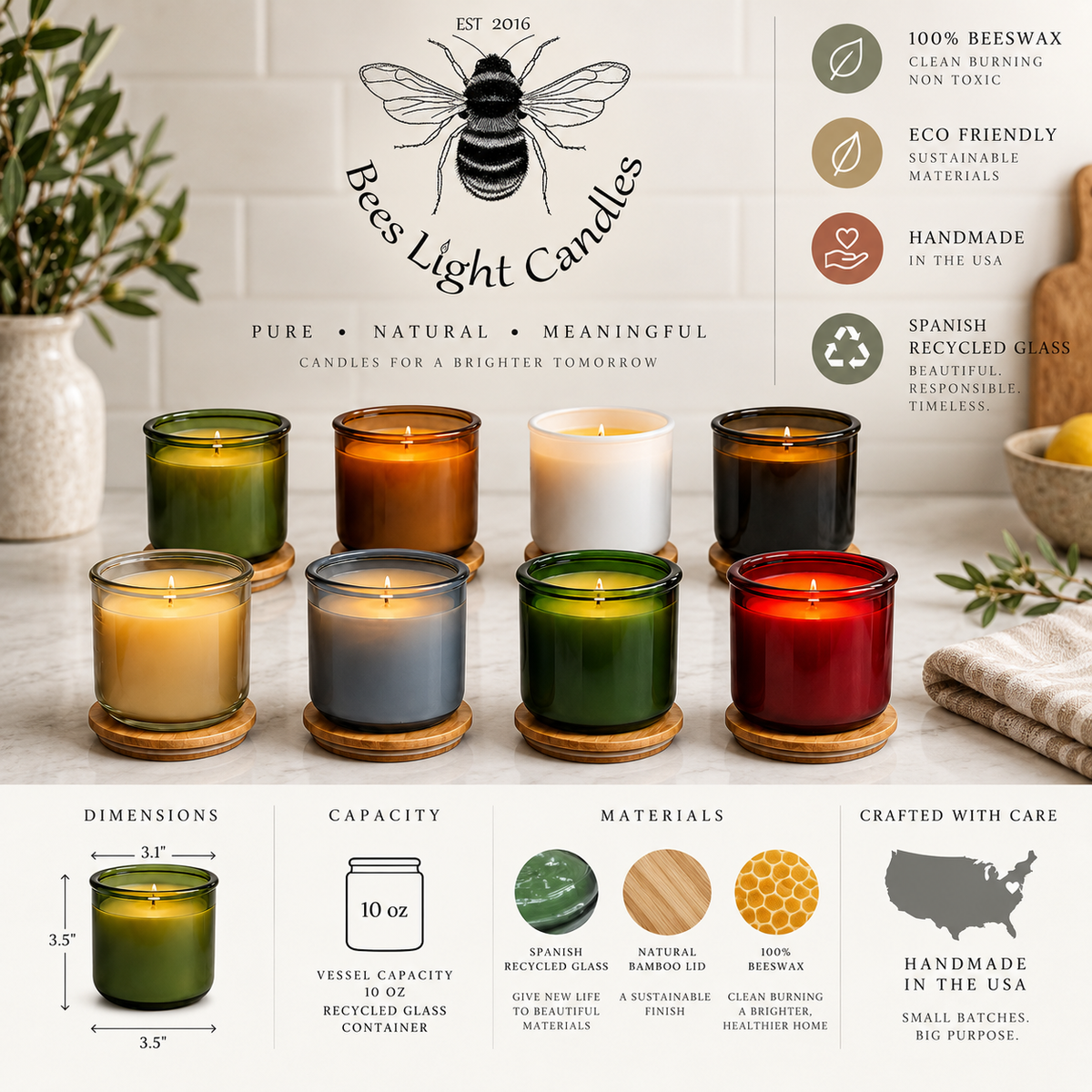 USA Beeswax Jar Candle in 10 Oz Spanish Recycled Glass Bamboo Lid