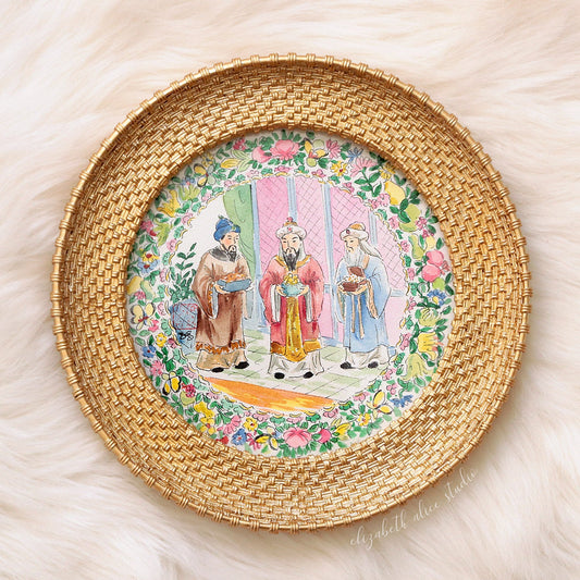 Chinoiserie Christmas original watercolor painting, The Three Magi