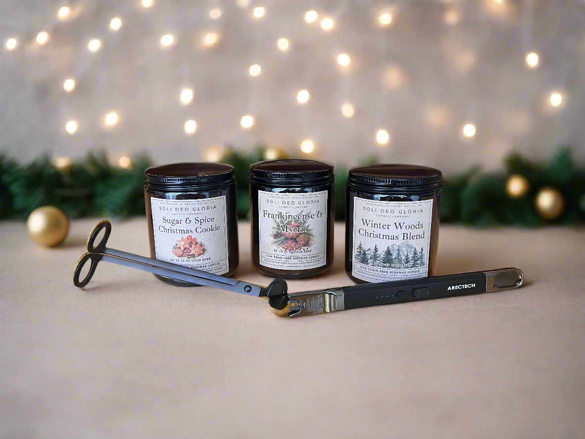 Winter Essentials Beeswax Gift/Starter Set | 3 Seasonal Candles, Wick Trimmer & Lighter