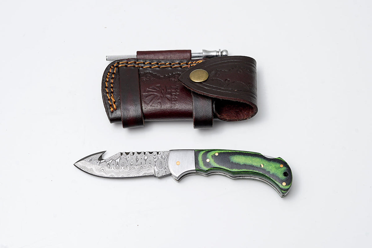 Green Micarta Damascus Gut Hook Hunting Knife TF-103