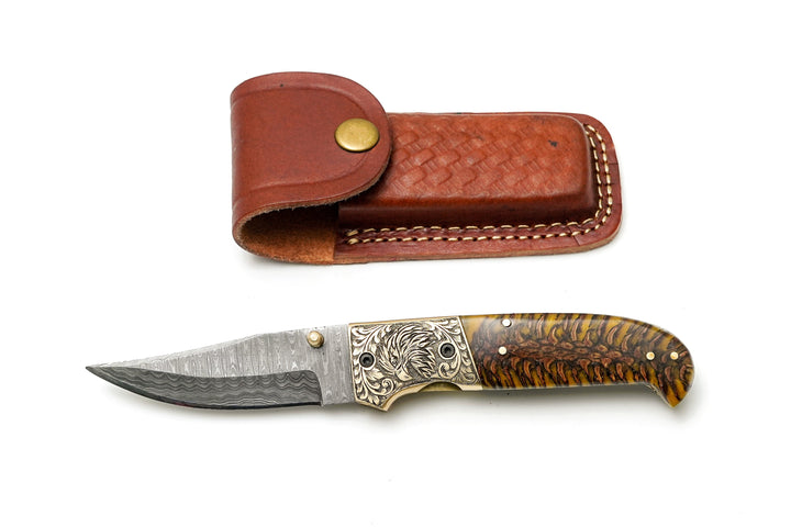 Custom Damascus Steel Clip Point Folding Knife | HAND Engraved Eagle Bolster & Amber Pine Cone Handle TF-104