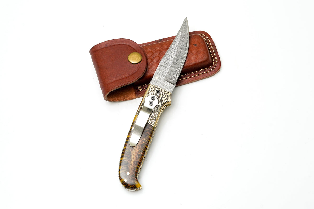 Custom Damascus Steel Clip Point Folding Knife | HAND Engraved Eagle Bolster & Amber Pine Cone Handle TF-104