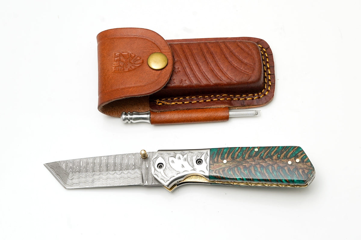 Damascus Steel Tanto Folding Knife | Engraved Bolster & Green Pine Cone Handle | Includes Sharpening Rod TF-123