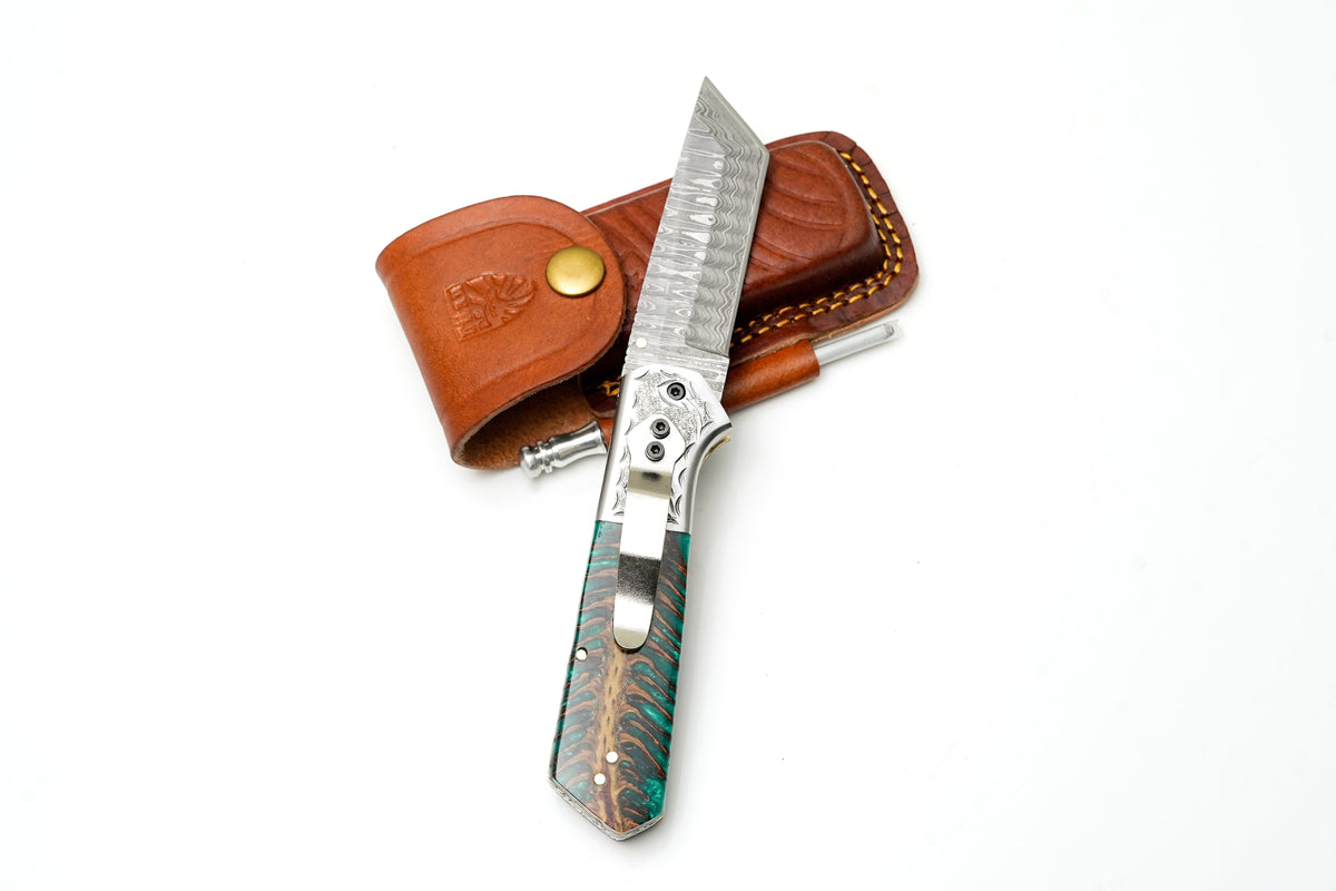 Damascus Steel Tanto Folding Knife | Engraved Bolster & Green Pine Cone Handle | Includes Sharpening Rod TF-123