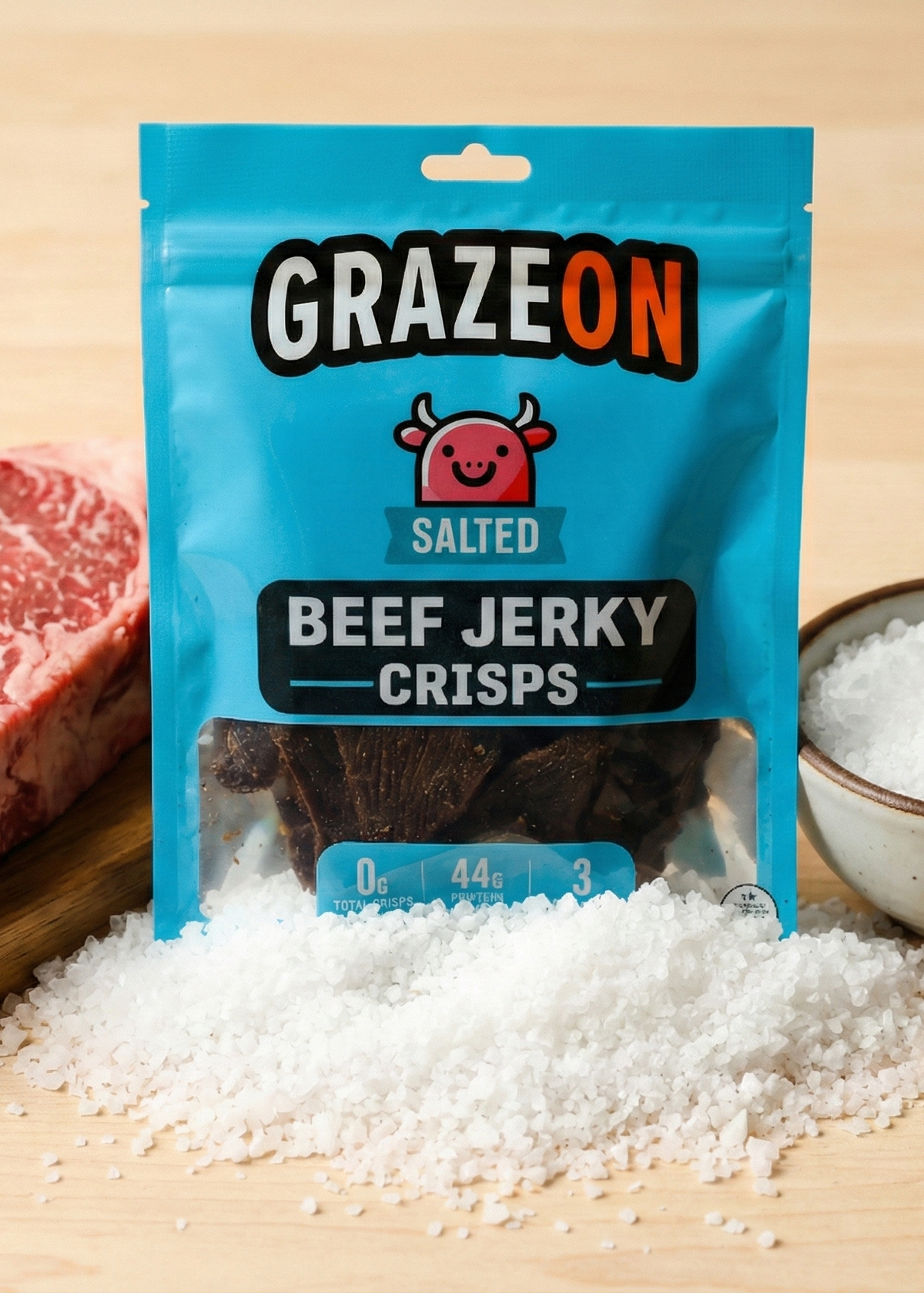 GrazeOn Salt Beef Jerky Crisps- High Protein, No Sugar, Crunchy Air-Dried Meat Snack, All-Natural - 2.0 oz