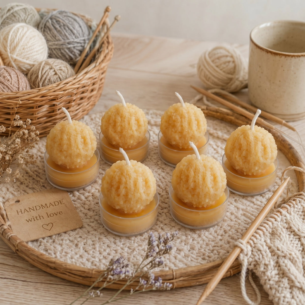 Yarn Ball Beeswax Tealight Candles