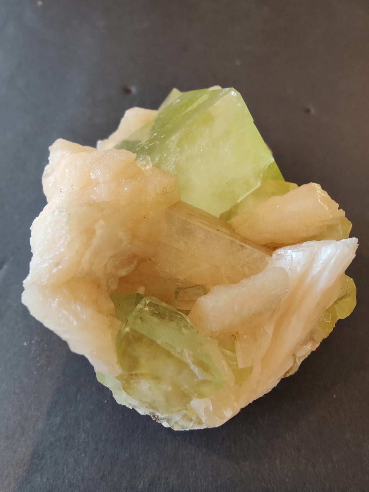 Green Apophyllite Cubes with Peach Stilbite Specimen 322g