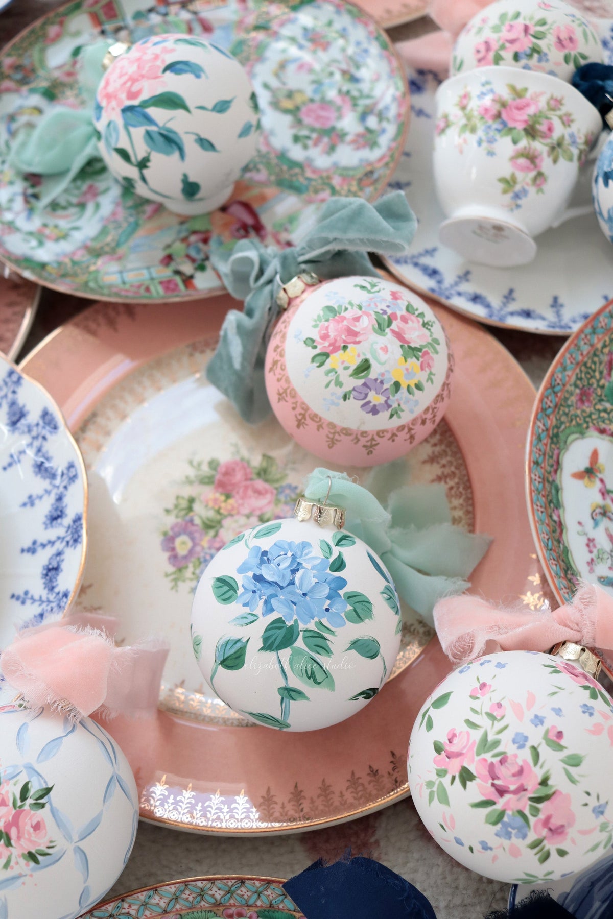 Blue hydrangea chinoiserie hand-painted ornament