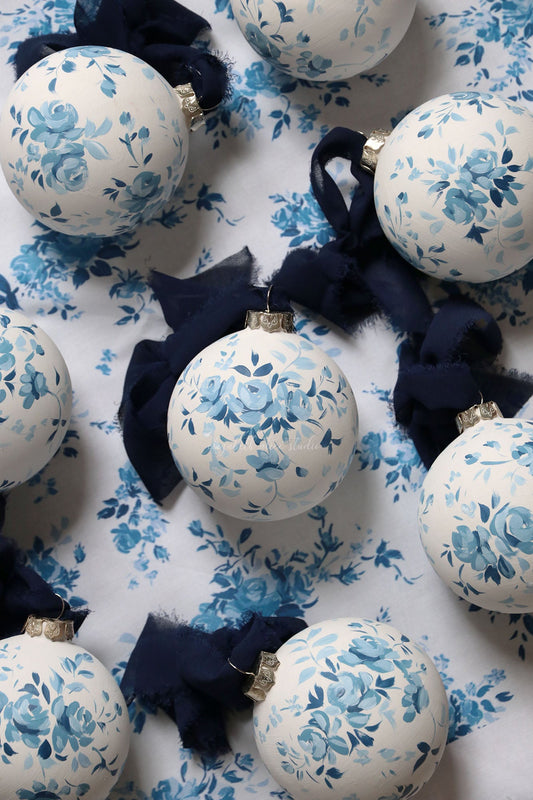 Blue vintage rose hand-painted ornament, made to order