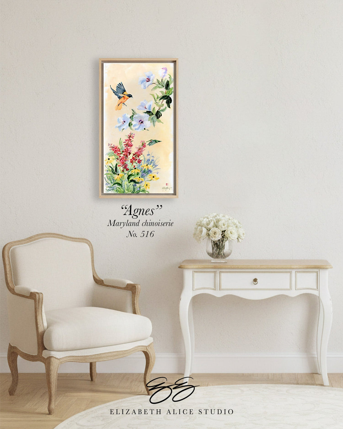 "Agnes," Original chinoiserie painting of Maryland birds and flowers (No. 516) - 12 x 24