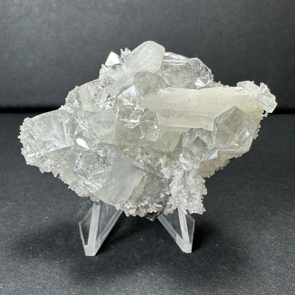 Clear Apophyllite Cluster with White Stilbite on Chalceedony from India