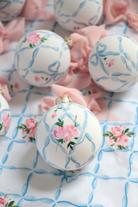 Ribbon trellis and rose hand-painted ornament