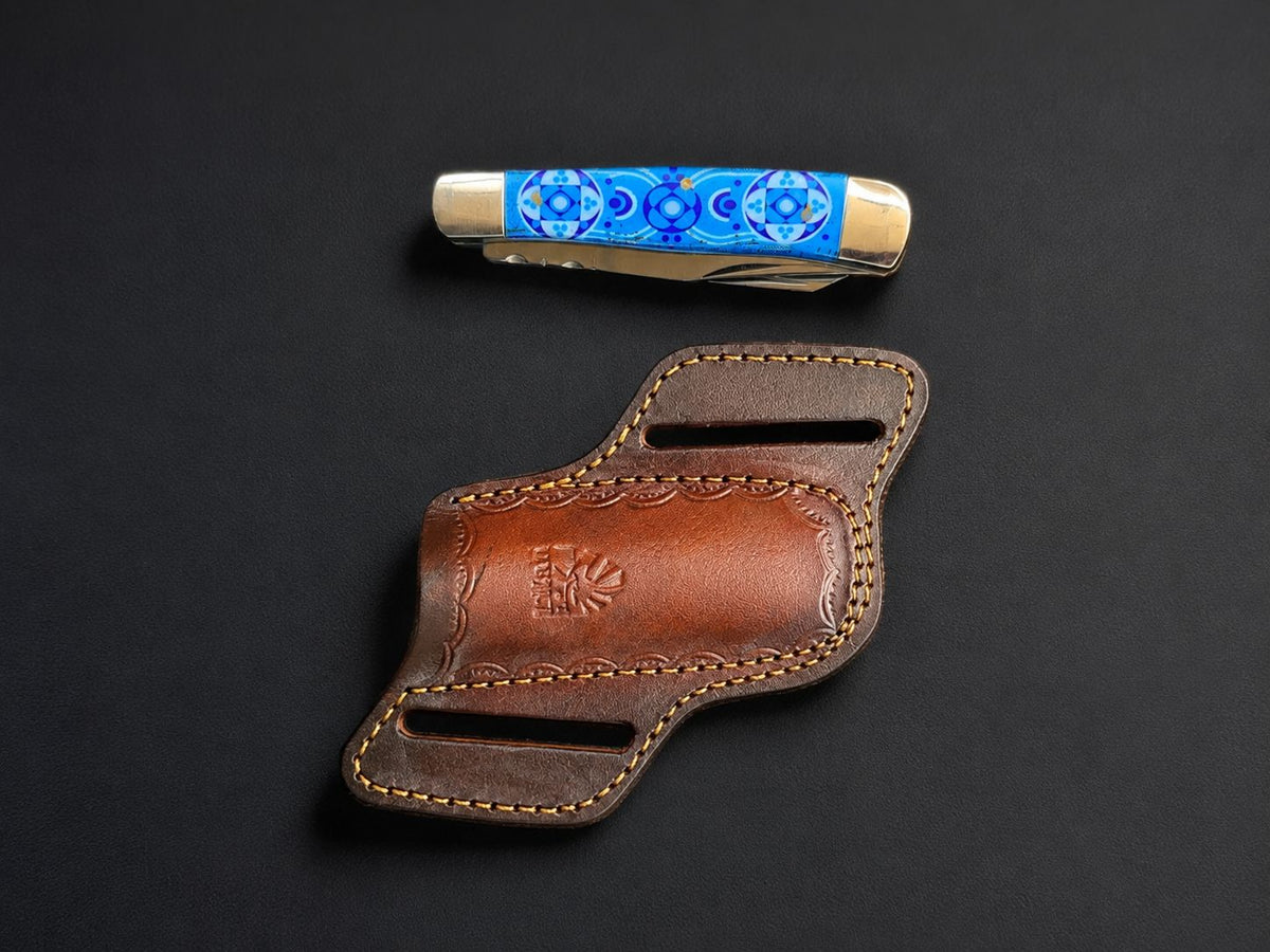 Titan "Zellige Tile" High Carbon Double-Blade Folding Knife — Turquoise Mosaic Resin Handle | Hand-Tooled Leather Belt Sheath TF-119
