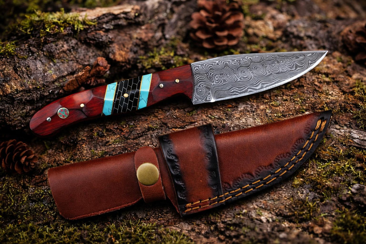 Hand-Forged Damascus Steel Drop Point Outdoor Utility Tool | Rosewood, Turquoise & Black Honeycomb Handle - TK-503