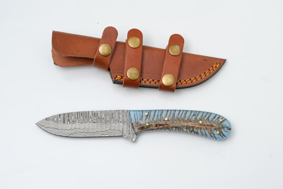 Custom Damascus Steel Knife with Blue Resin & Bone Handle - TK-425