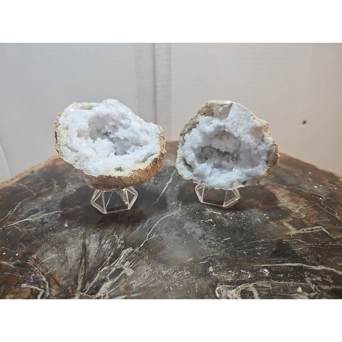 Moroccan Quartz Geode Pair with Display Stands — 1.18 lbs