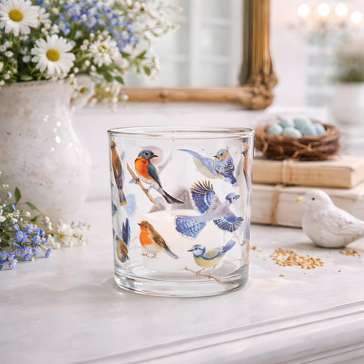 Colorful Birds Votive Glass 3 Inch Holder