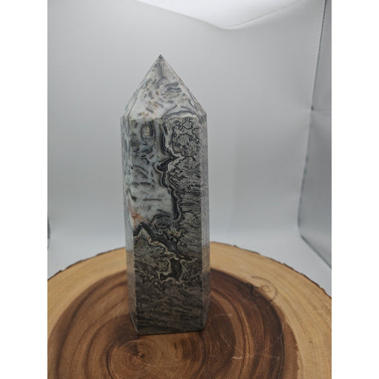3.69LB 1Pcs Natural Gray Crazy Lace Jasper Crystal Point Tower Healing