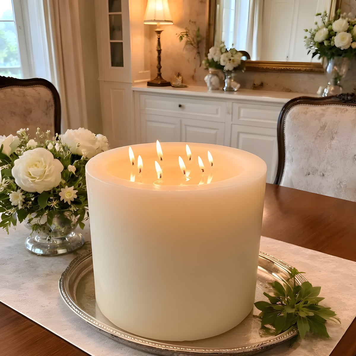 Bonfire White Beeswax Candle Eight-Wick Luxury Statement Pillar 9″ Tall 8″ Wide