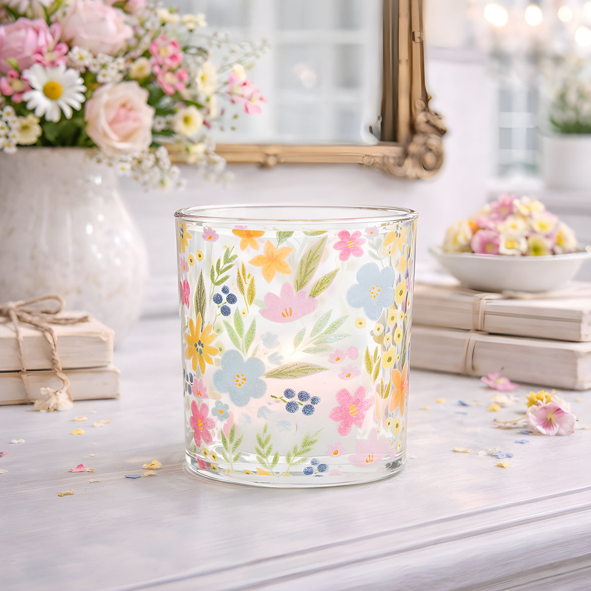 Pastel Florals Glass Votive 3 Inch Holder