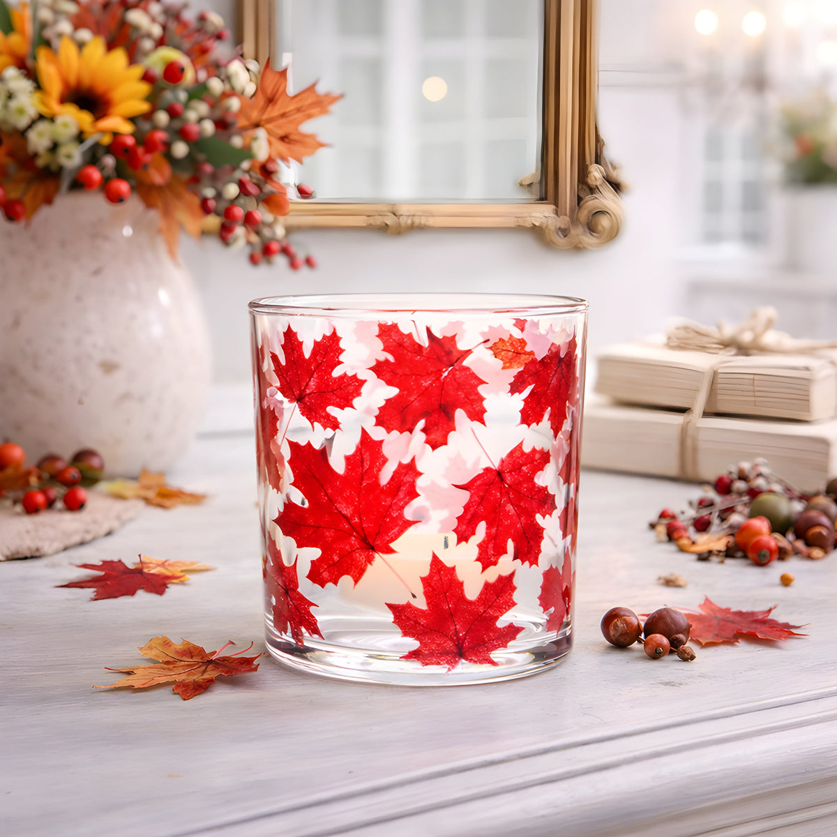 Maple Leaves Glass Votive 3 Inch Holder
