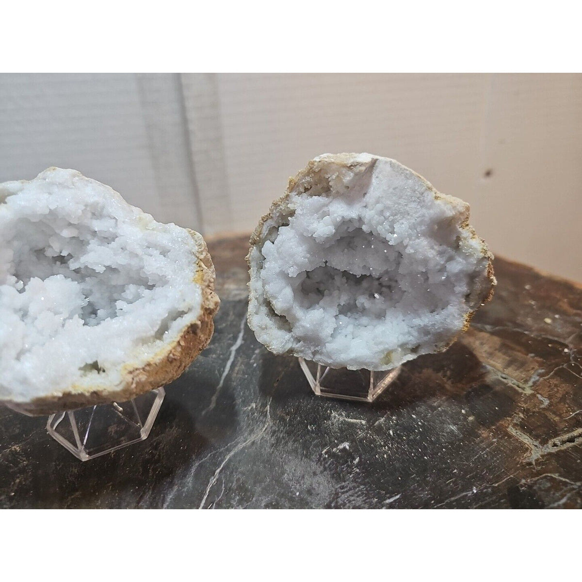 Moroccan Quartz Geode Pair with Display Stands — 1.18 lbs