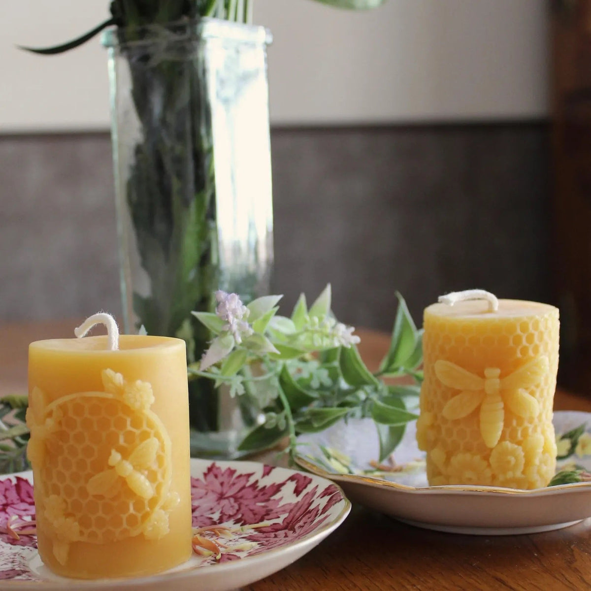 Honeycomb Floral Beeswax Pillar Candle Set
