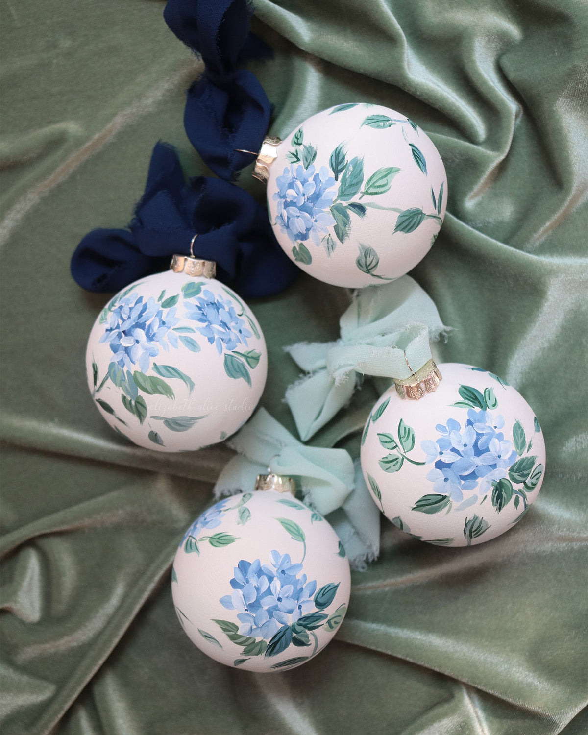 Blue hydrangea chinoiserie hand-painted ornament