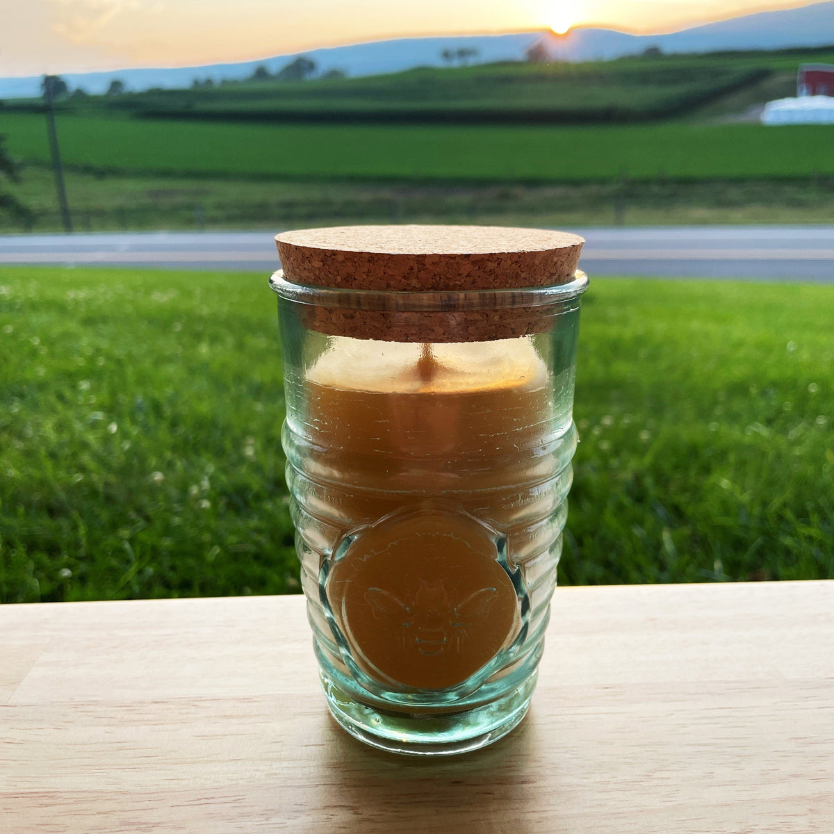 Beeswax Candle in Honeybee Glass Jar Spanish Recycled Glass