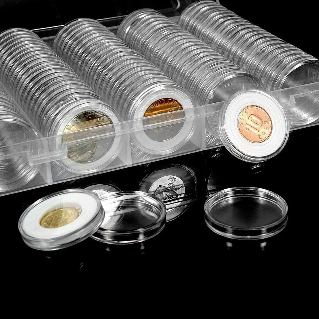 30mm Coin Capsules – 100 Pack with Storage Box