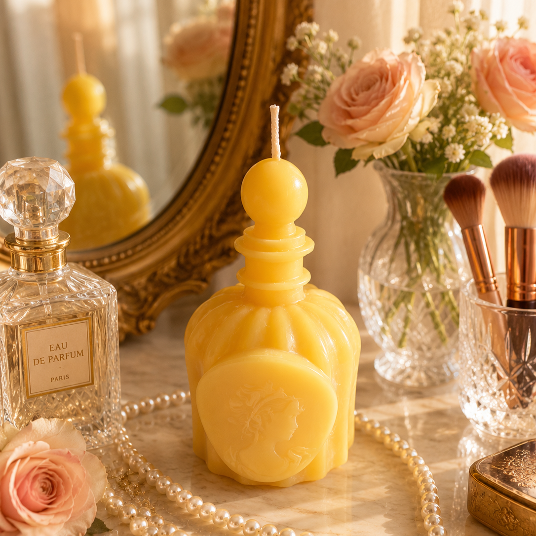 Vintage Inspired Perfume Bottle Beeswax Candle