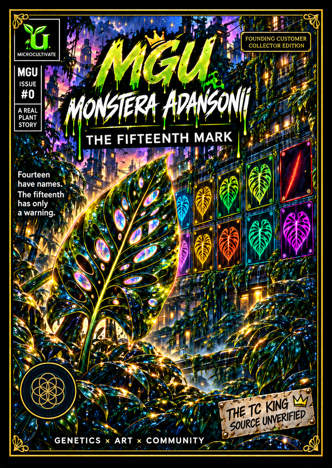 MGU crowned graffiti logo above the Monstera adansonii collector artwork